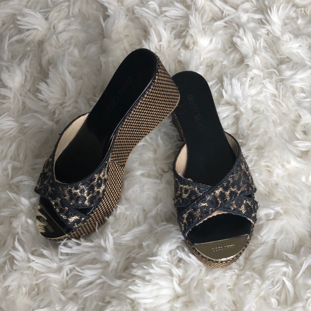 Jimmy Choo Black & Natural Woven Raffia Wedges 8.5